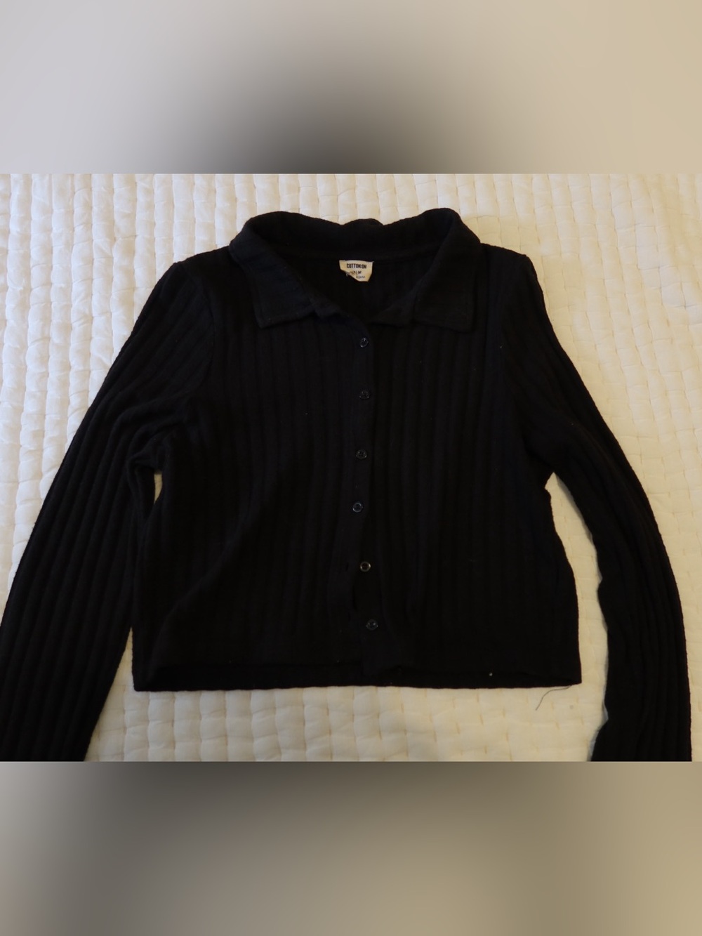 Black Cropped Ribbed Button-Up Cardigan - Picture 4 of 4